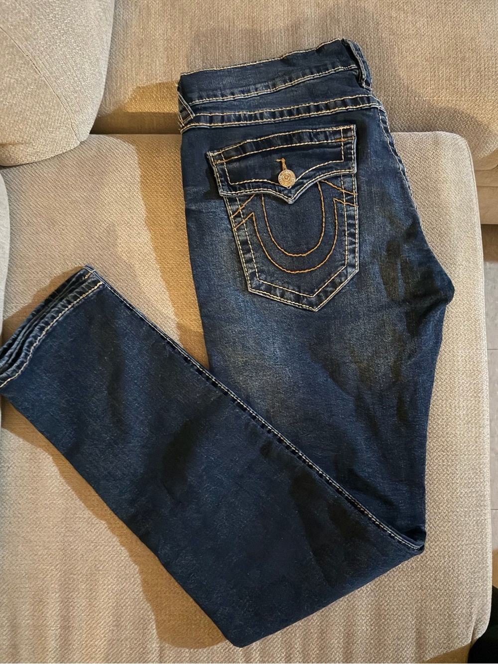 True Religion Dark Blue Jeans with Signature Pocket Stitching
